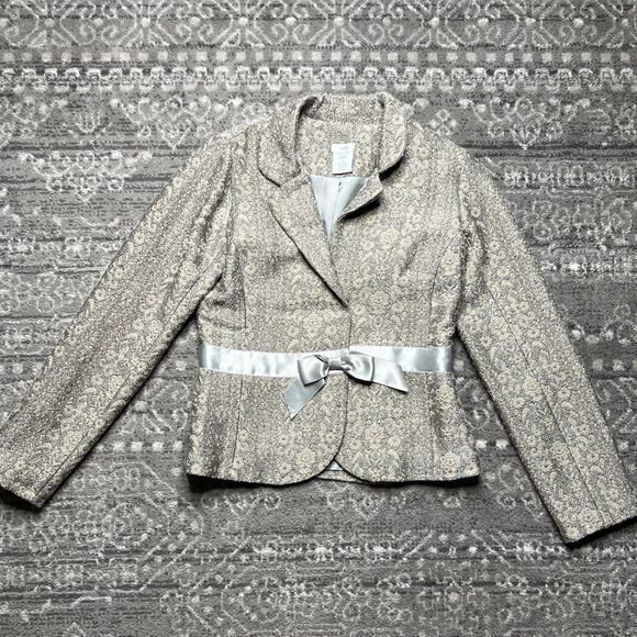 ODILLE Anthropologie BROCADE Jacket Blazer Size 8 Wool Blend Bow Detail Coquette - Picture 2 of 10